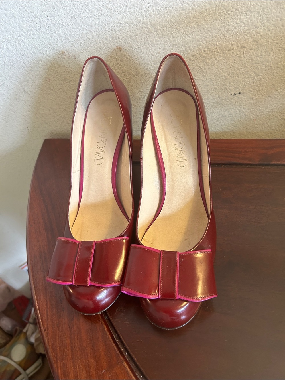 Joan &David Burgundy Leather Bow Pumps